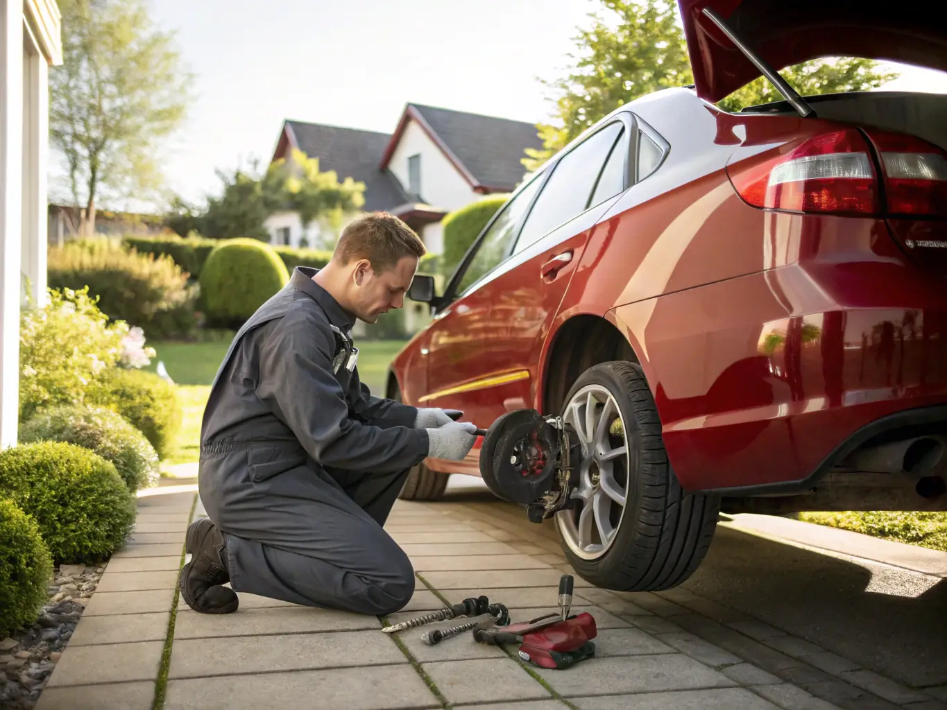 A mechanic replacing brake pads on a vehicle in a residential driveway, highlighting RAPID CAR FIX's brake services.