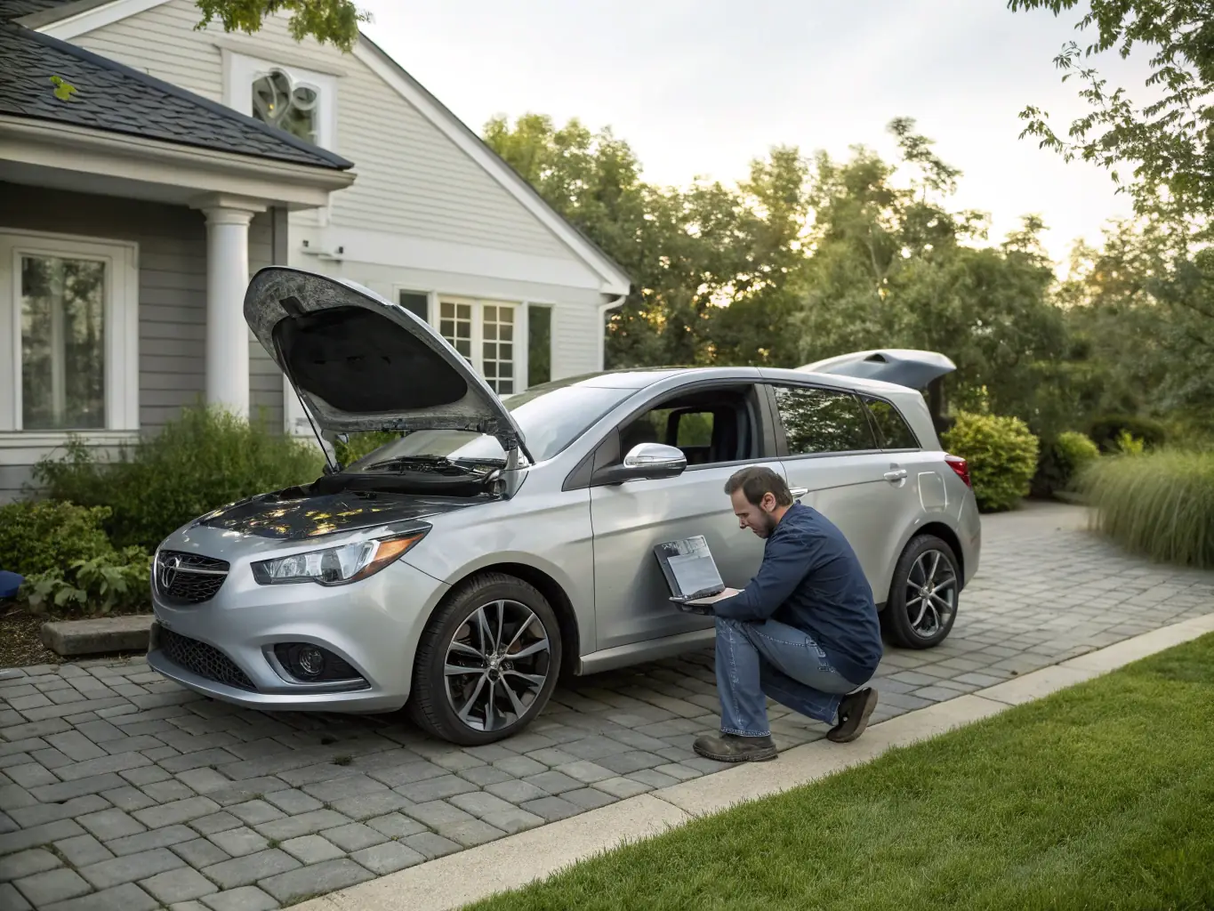 A mechanic using diagnostic equipment on a vehicle in a driveway, showcasing RAPID CAR FIX's on-site vehicle diagnostics service.