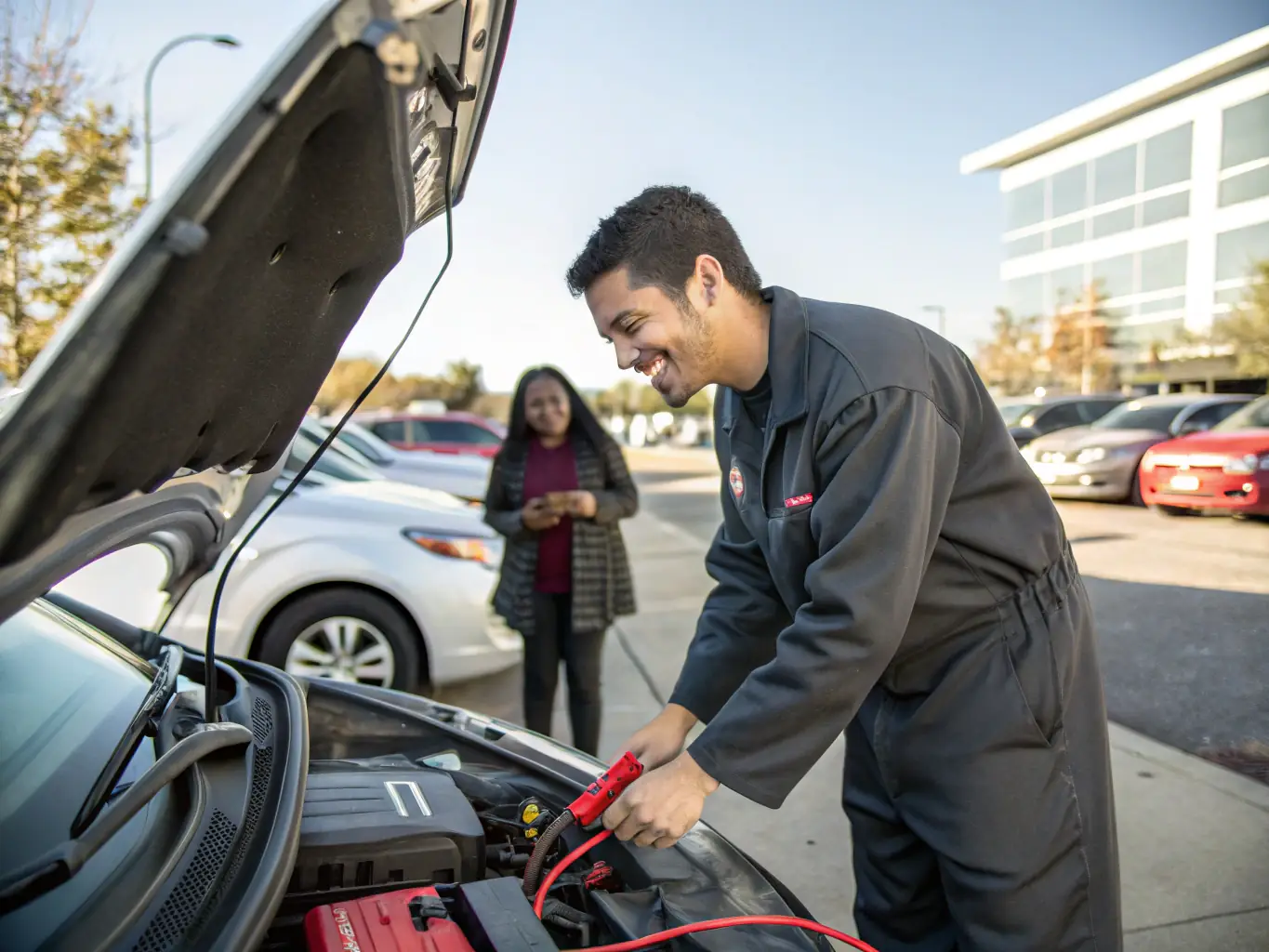 A mechanic installing a new car battery in a parking lot, demonstrating RAPID CAR FIX's battery replacement service.